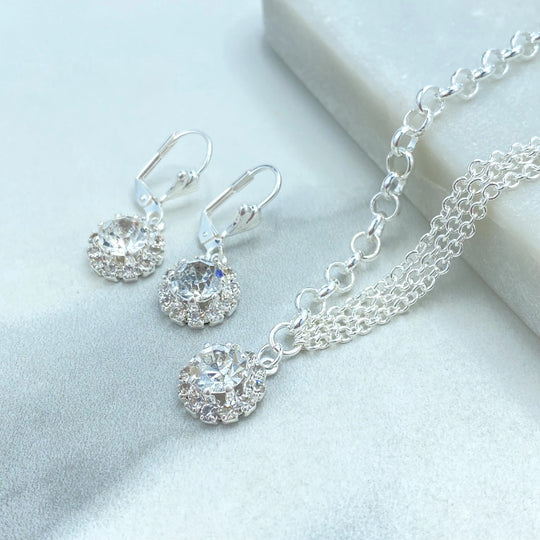 Silver Filled Jewelry Set, Halo Clear CZ Necklace and Earrings, Bridal Bridesmaid Gift, Gift for Her