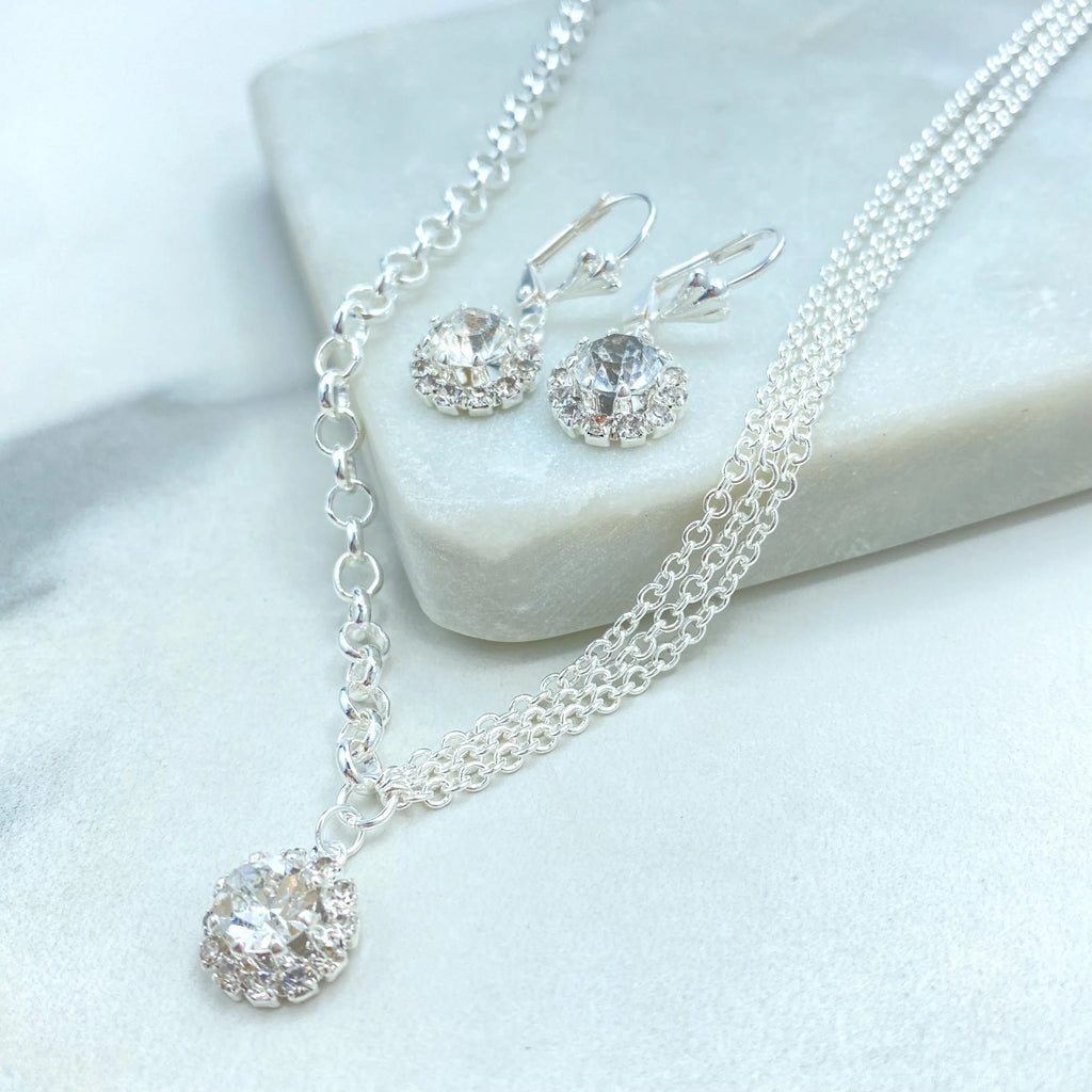 Silver Filled Jewelry Set, Halo Clear CZ Necklace and Earrings, Bridal Bridesmaid Gift, Gift for Her