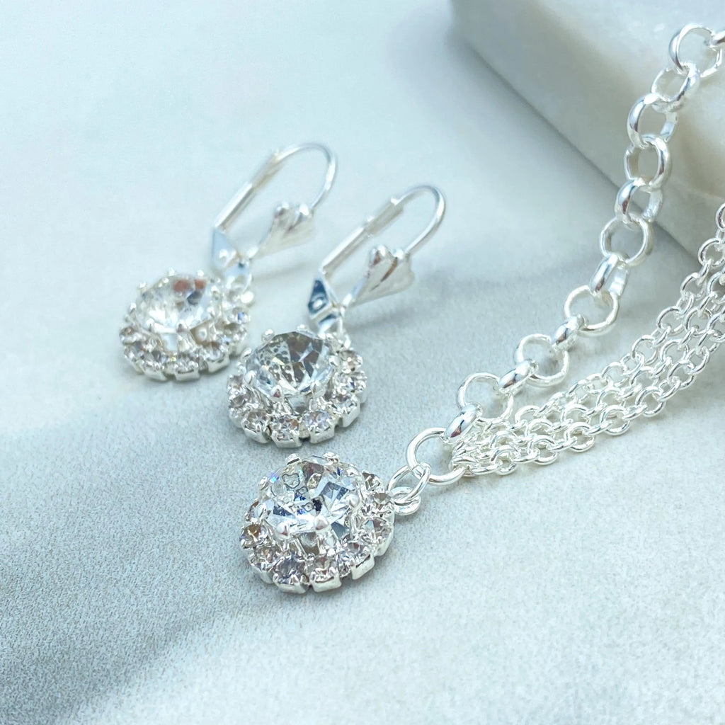 Silver Filled Jewelry Set, Halo Clear CZ Necklace and Earrings, Bridal Bridesmaid Gift, Gift for Her