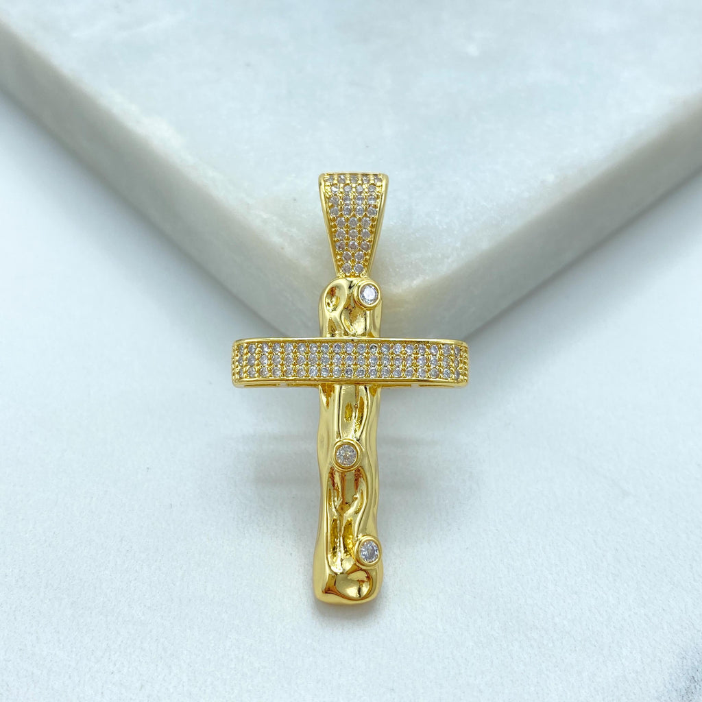 18k Gold Filled Cross Pendant, Textured Wood-Style Cross with CZ Stones, Faith Jewelry, Religious Pendant