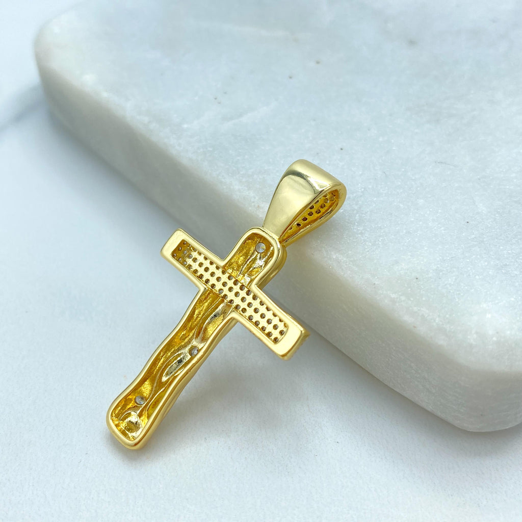 18k Gold Filled Cross Pendant, Textured Wood-Style Cross with CZ Stones, Faith Jewelry, Religious Pendant