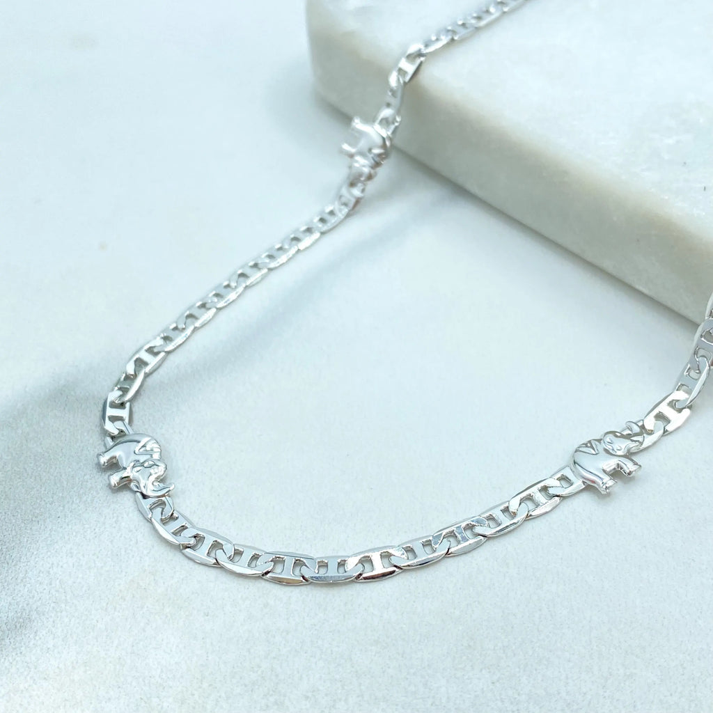 Silver Filled Elephant Necklace, 3.5mm Mariner Link Chain with Elephant Charms, 17.5" Long, Lucky Animal Jewelry