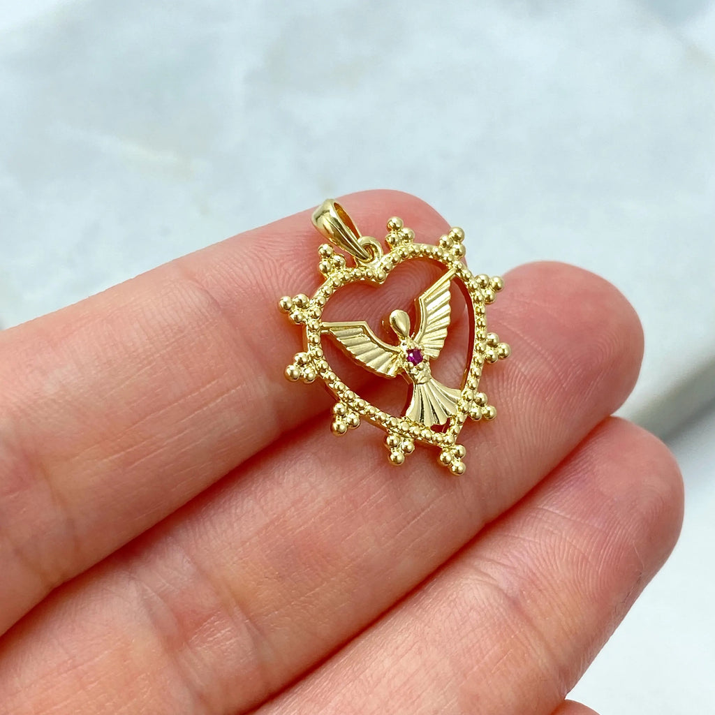 18k Gold Filled Heart Angel Pendant, Angel Charm with Pink CZ Stone, Spiritual Jewelry Gift, Heart with Angel Charm