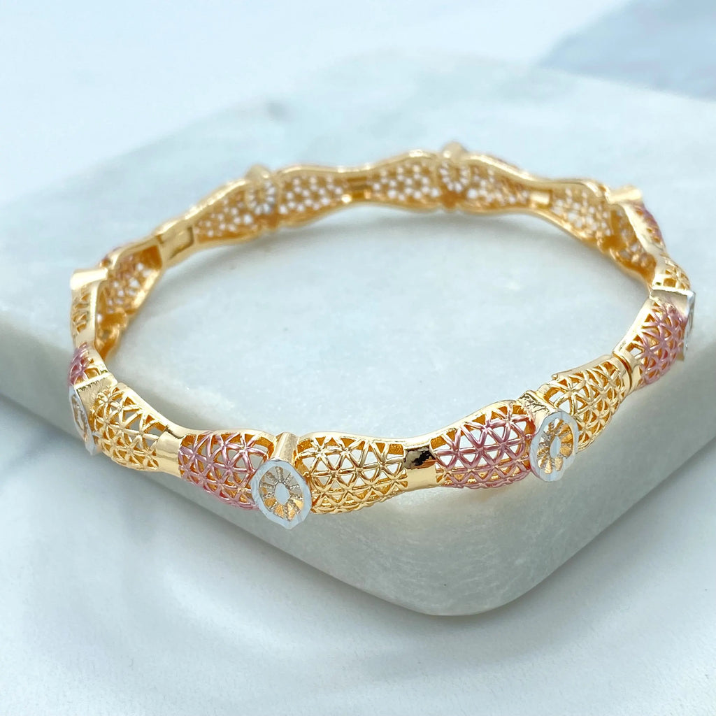 18k Gold Filled Tri-Tone Bangle, Lattice Pattern Bracelet, Elegant Statement Jewelry, Rose Gold Accents