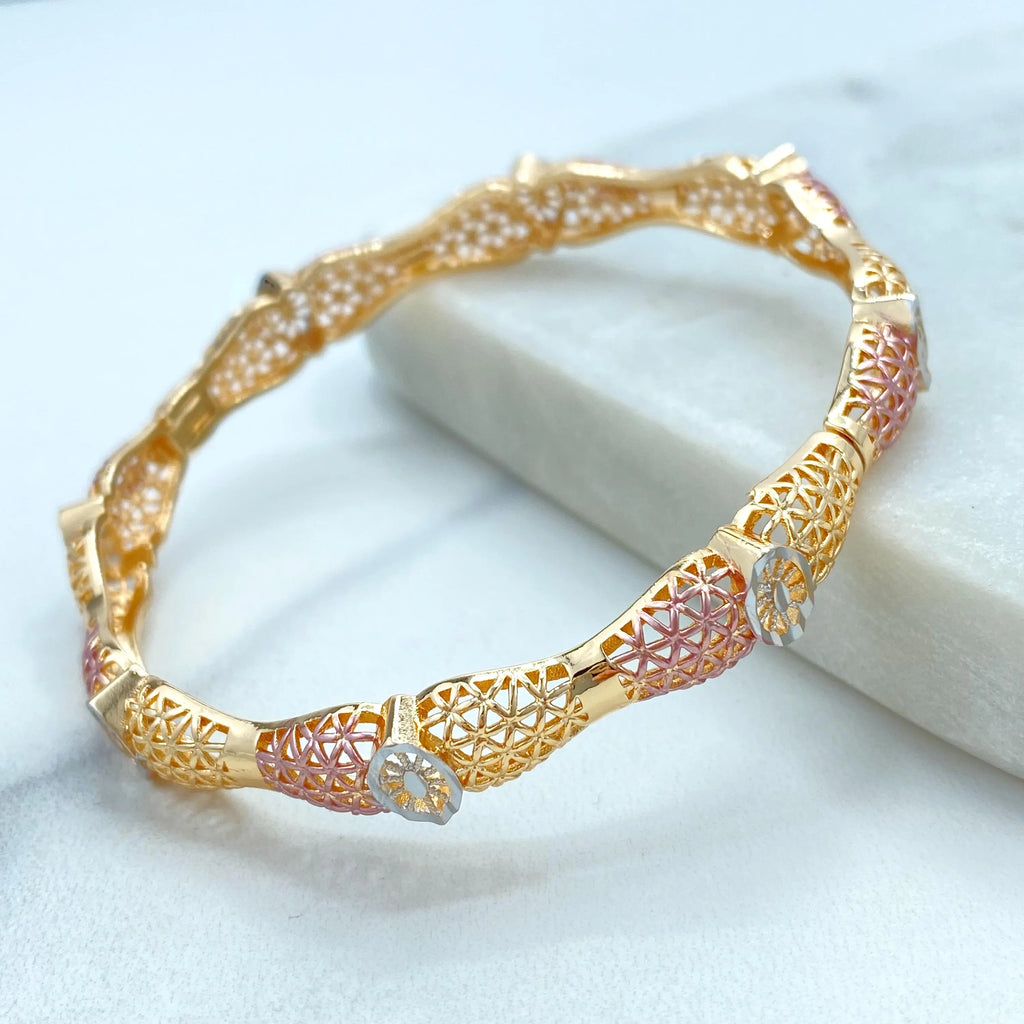 18k Gold Filled Tri-Tone Bangle, Lattice Pattern Bracelet, Elegant Statement Jewelry, Rose Gold Accents