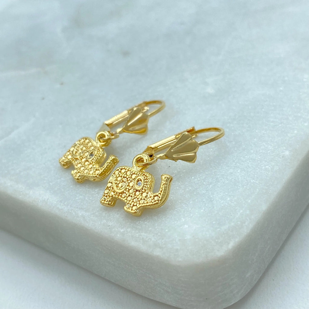 18k Gold Filled Elephant Pendant and Earrings Set, Textured Elephant Set with CZ Eyes, Elephant Jewelry Set for Luck