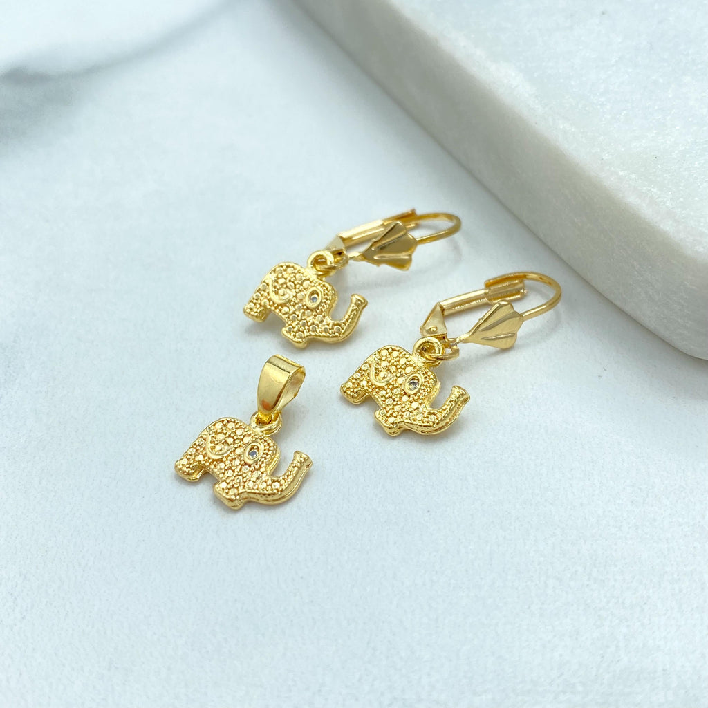 18k Gold Filled Elephant Pendant and Earrings Set, Textured Elephant Set with CZ Eyes, Elephant Jewelry Set for Luck