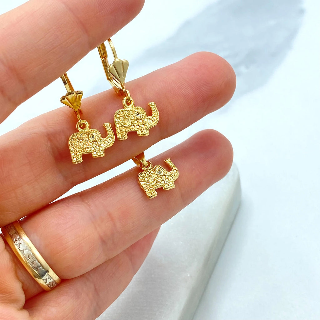 18k Gold Filled Elephant Pendant and Earrings Set, Textured Elephant Set with CZ Eyes, Elephant Jewelry Set for Luck