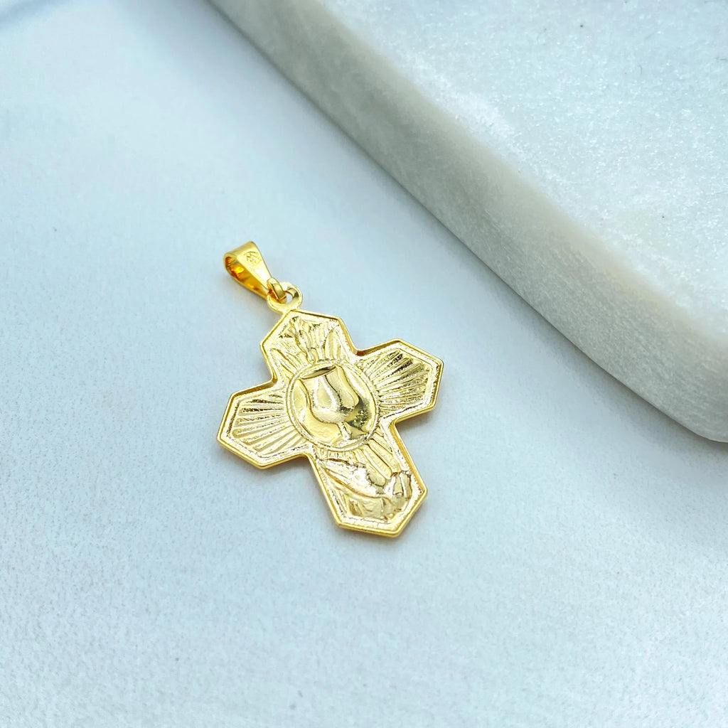 18k Gold Filled Three Tone Cross Pendant, Cross with Praying Hands Dove Chalice Charm, Catholic Jewelry, Gift for Her