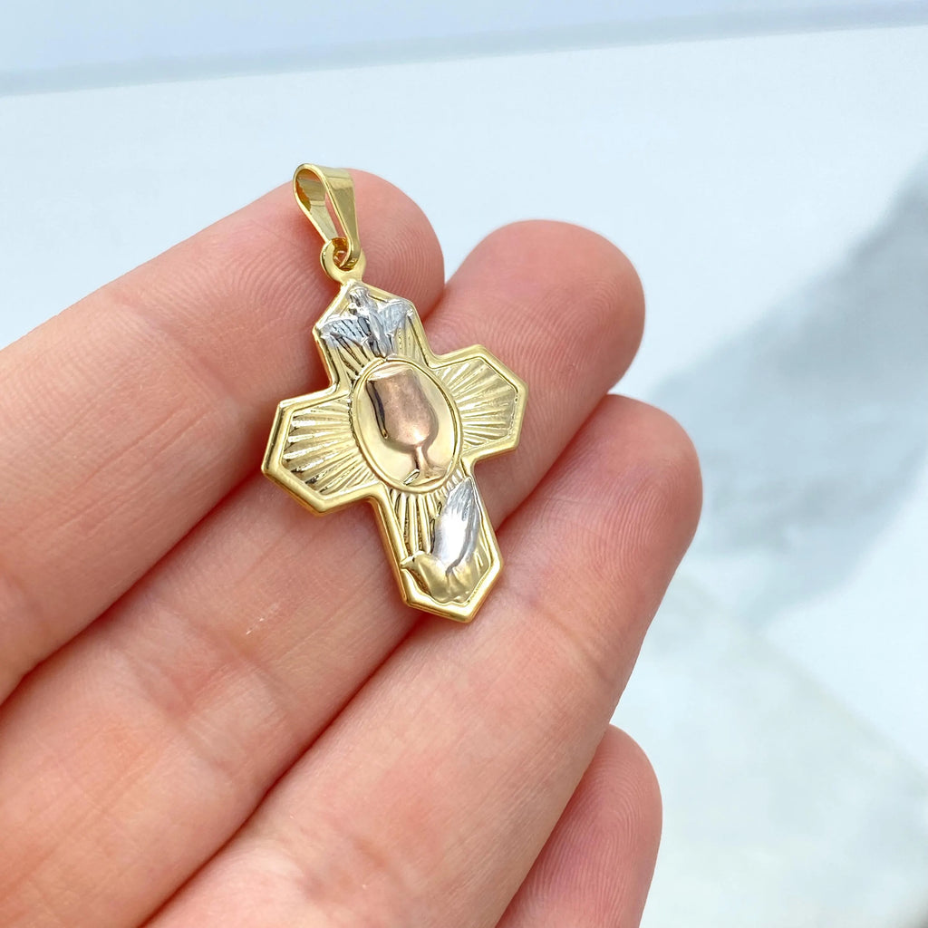 18k Gold Filled Three Tone Cross Pendant, Cross with Praying Hands Dove Chalice Charm, Catholic Jewelry, Gift for Her