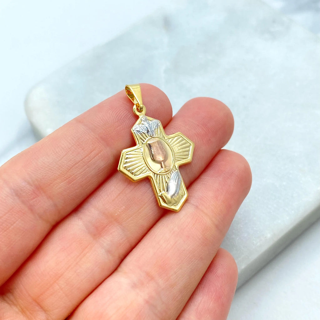 18k Gold Filled Three Tone Cross Pendant, Cross with Praying Hands Dove Chalice Charm, Catholic Jewelry, Gift for Her