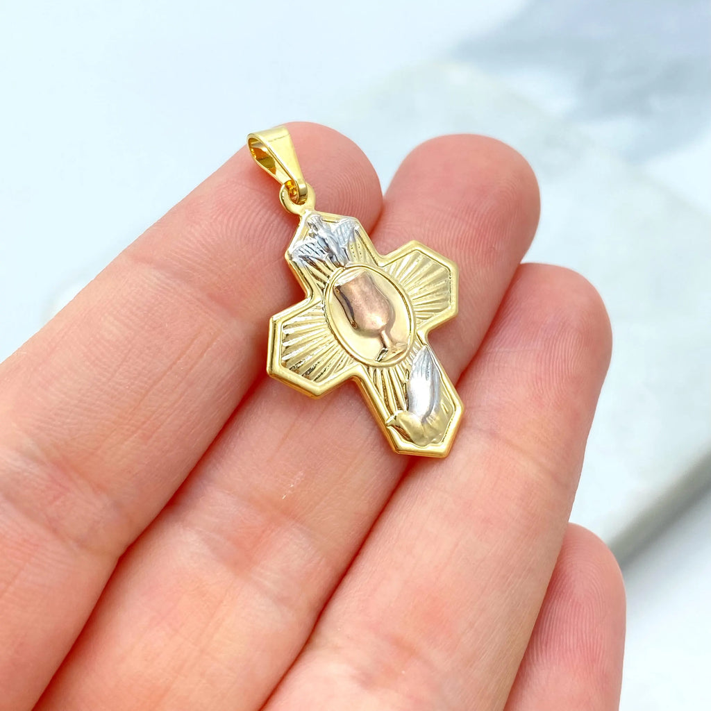 18k Gold Filled Three Tone Cross Pendant, Cross with Praying Hands Dove Chalice Charm, Catholic Jewelry, Gift for Her