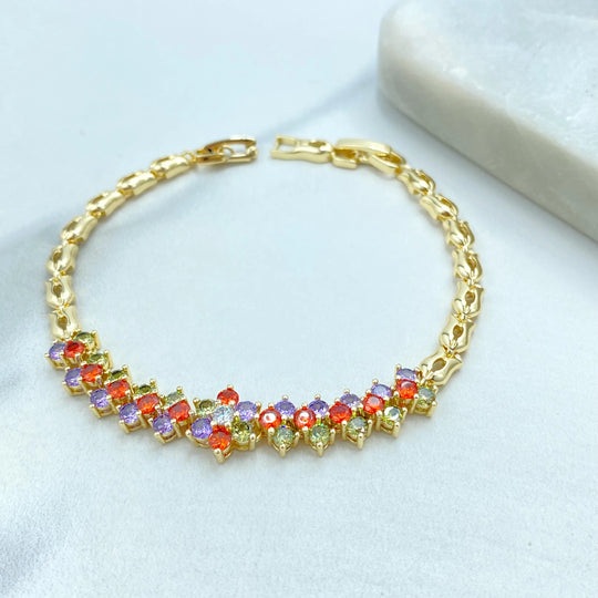 18k Gold Filled Bracelet, Multicolor CZ Round Cut with Tulip Link Design, Elegant Statement Jewelry, CZ Linked Bracelet
