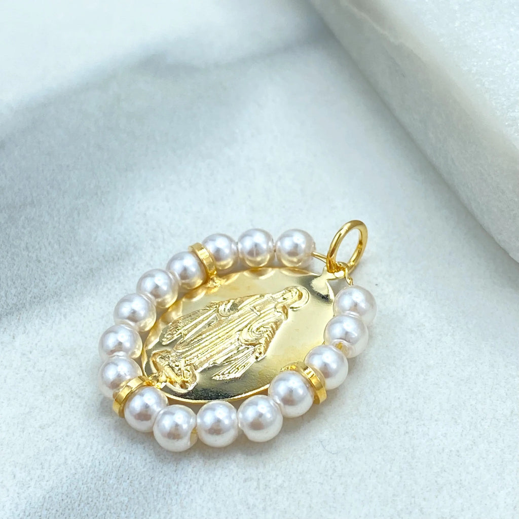 18k Gold Filled Miraculous Medal Pendant, Virgin Mary Medallion with Simulated Pearls, La Milagrosa Religious Pendant