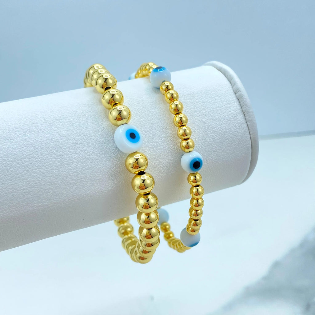 18k Gold Filled Evil Eye Beaded Bracelets, Stretch Protection Bracelets, Two Styles – Small & Medium Beads, Blue Eye Jewelry