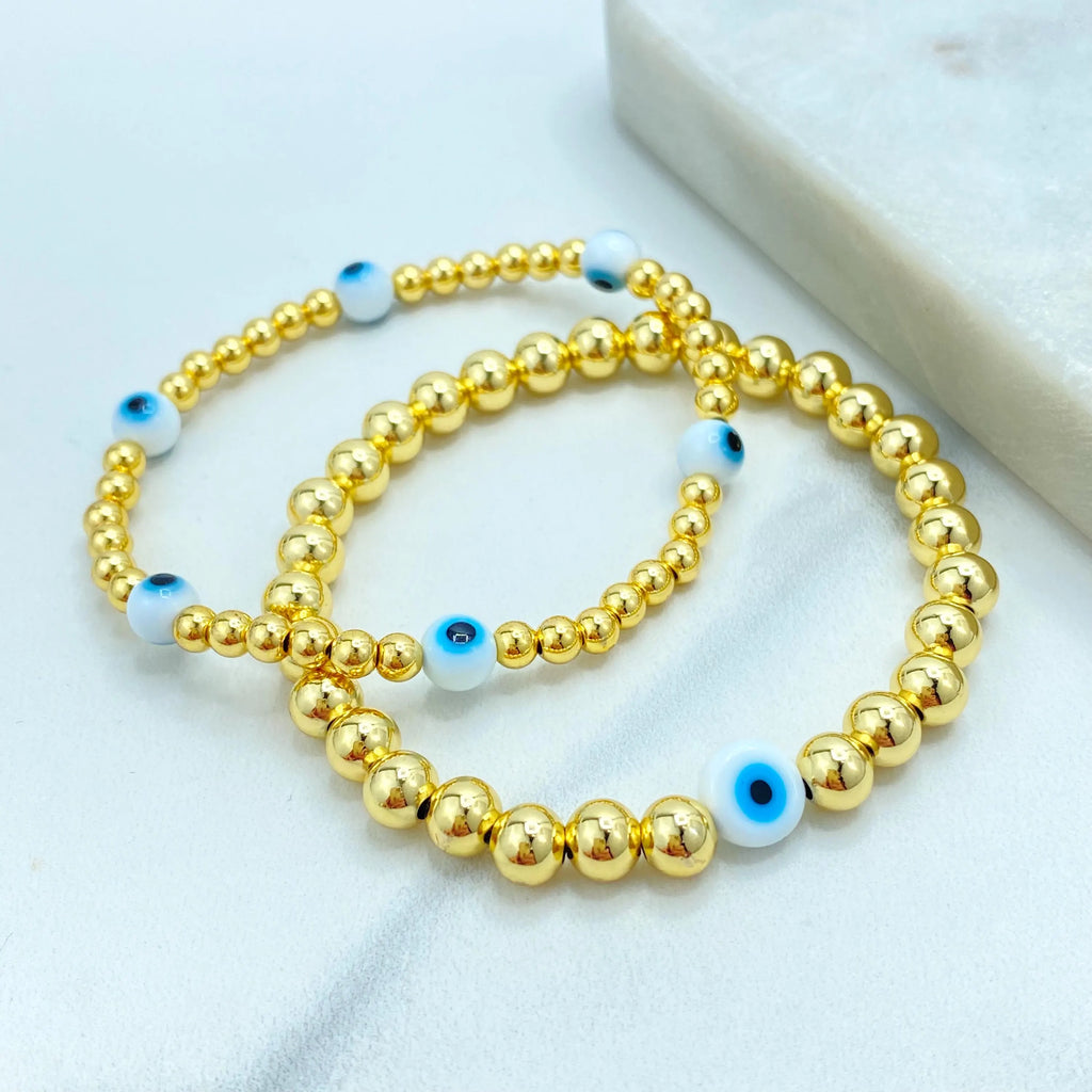 18k Gold Filled Evil Eye Beaded Bracelets, Stretch Protection Bracelets, Two Styles – Small & Medium Beads, Blue Eye Jewelry