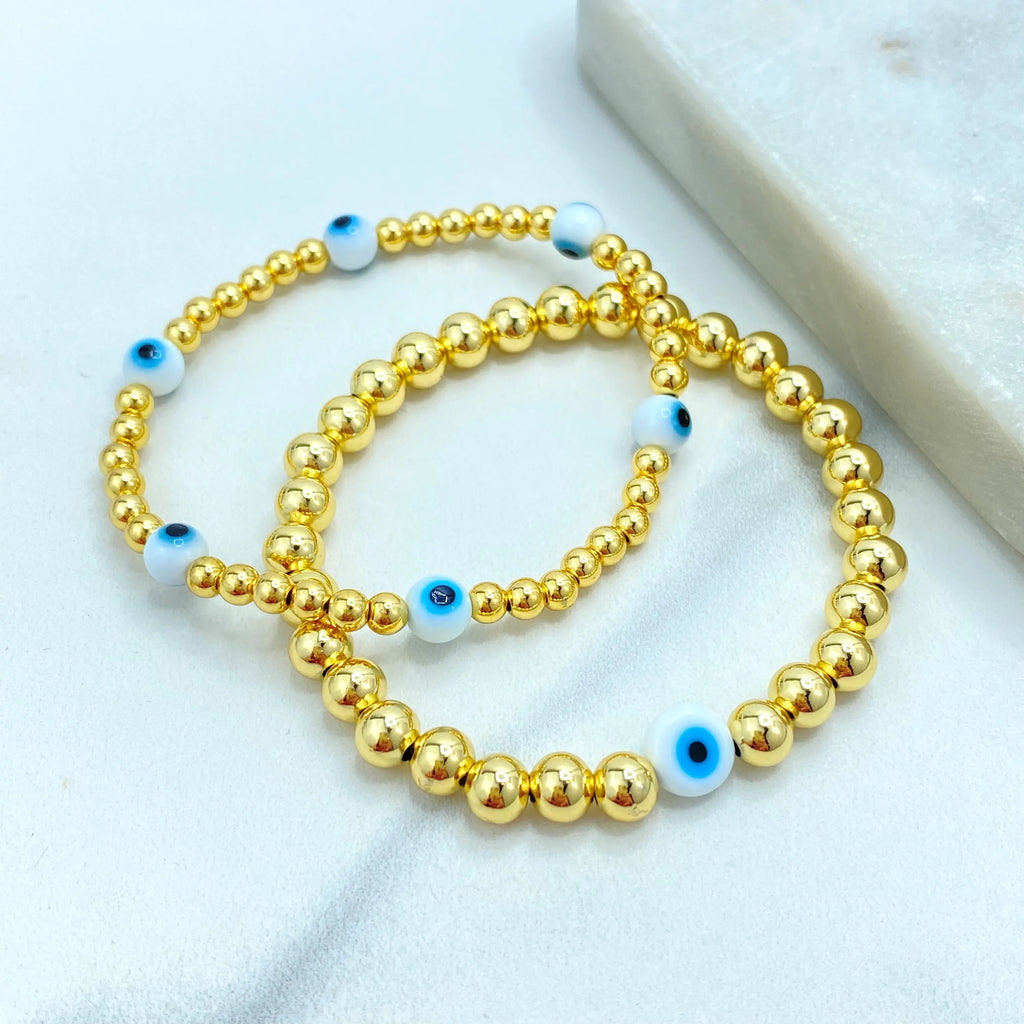 18k Gold Filled Evil Eye Beaded Bracelets, Stretch Protection Bracelets, Two Styles – Small & Medium Beads, Blue Eye Jewelry