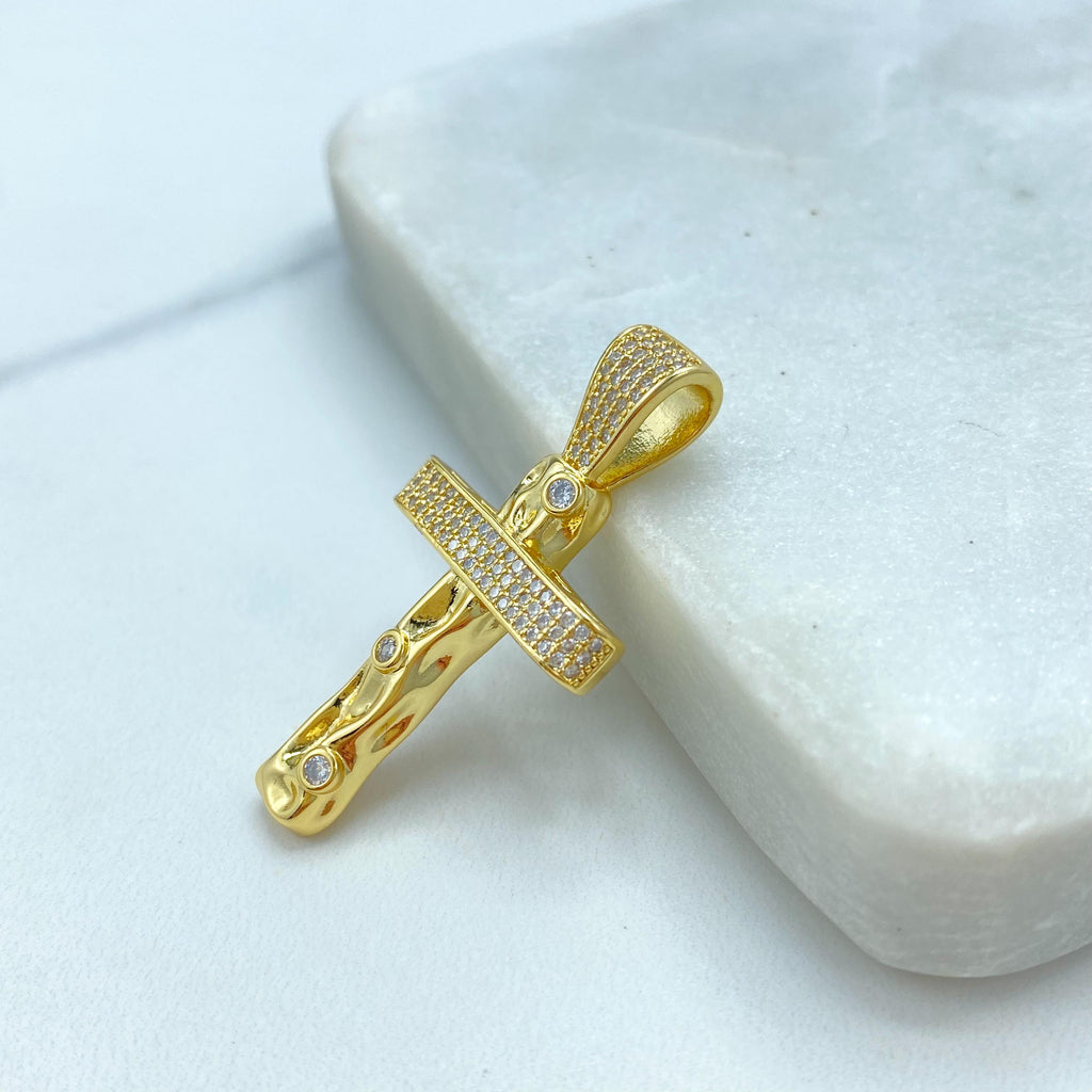 18k Gold Filled Cross Pendant, Textured Wood-Style Cross with CZ Stones, Faith Jewelry, Religious Pendant