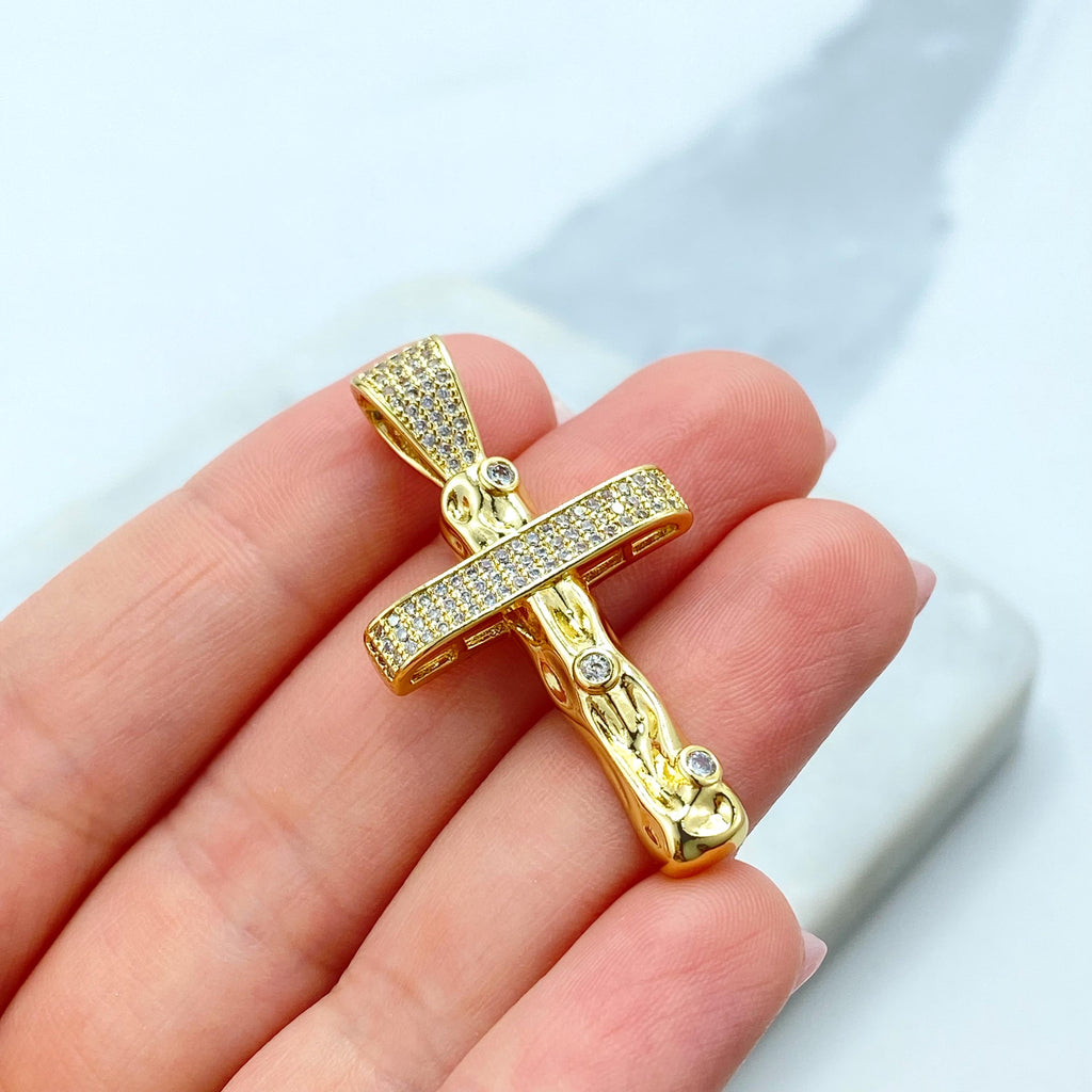 18k Gold Filled Cross Pendant, Textured Wood-Style Cross with CZ Stones, Faith Jewelry, Religious Pendant