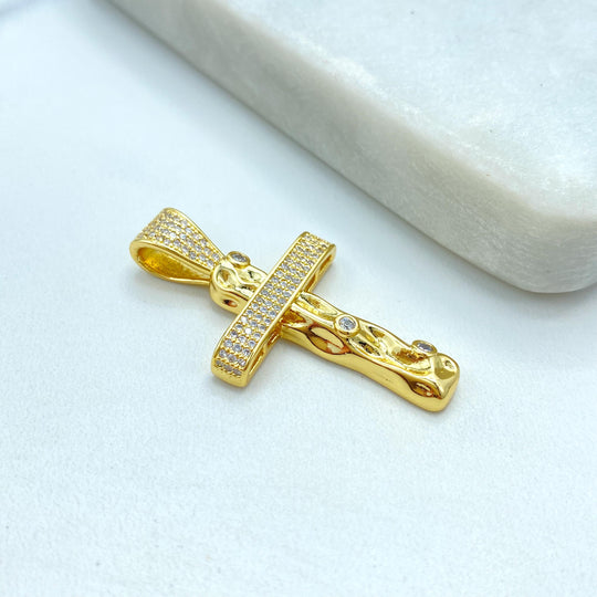 18k Gold Filled Cross Pendant, Textured Wood-Style Cross with CZ Stones, Faith Jewelry, Religious Pendant