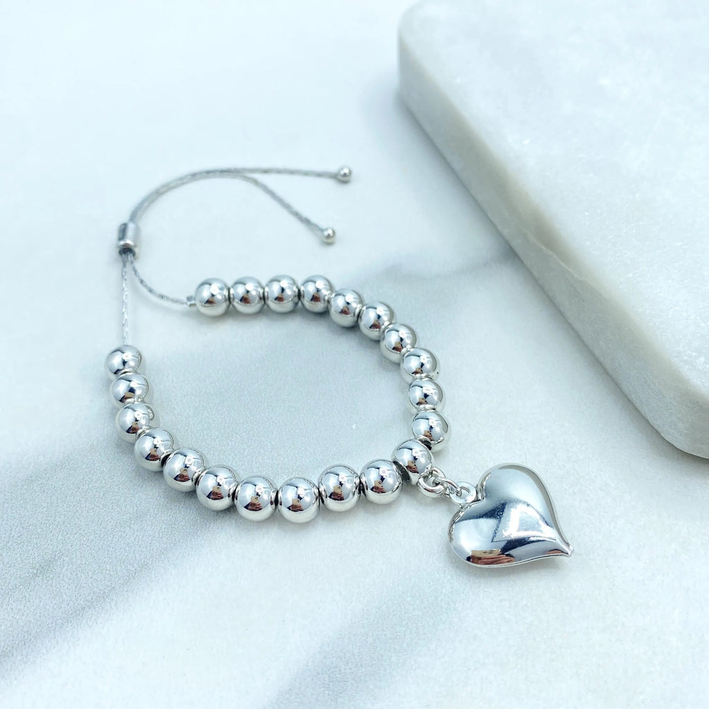 Silver Filled Adjustable Beaded Bracelet, Puff Heart Charm Bracelet, Polished Ball Beads, Friendship Bracelet
