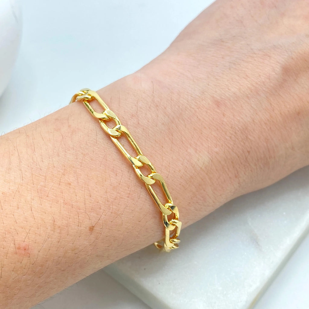 18k Gold Filled Figaro Chain Bracelet, 7.5 Inches | 5.5mm, Classic Link Bracelet, Unisex Gold Chain