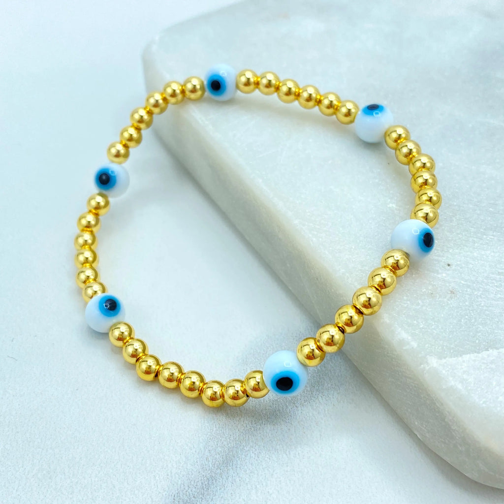 18k Gold Filled Evil Eye Beaded Bracelets, Stretch Protection Bracelets, Two Styles – Small & Medium Beads, Blue Eye Jewelry