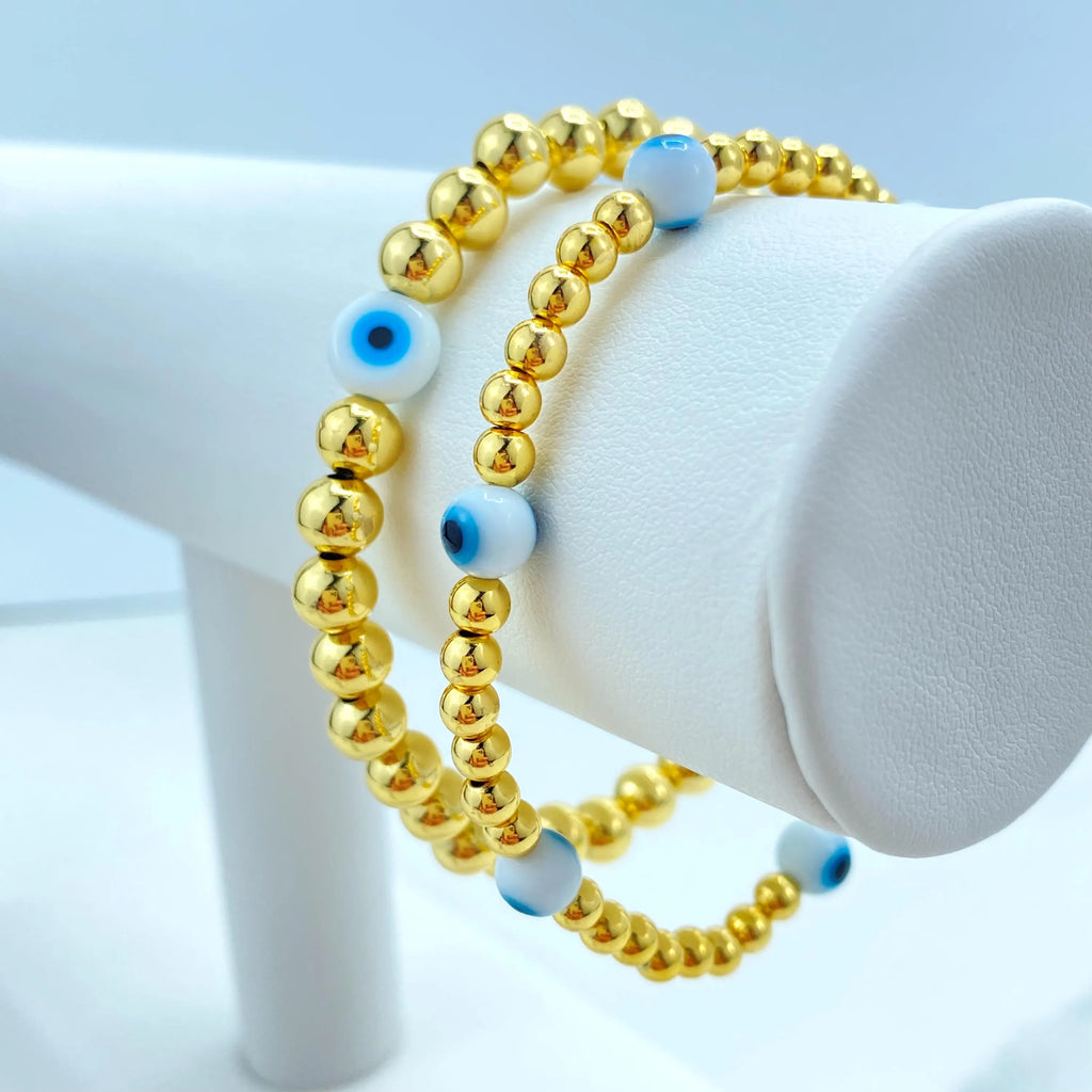 18k Gold Filled Evil Eye Beaded Bracelets, Stretch Protection Bracelets, Two Styles – Small & Medium Beads, Blue Eye Jewelry