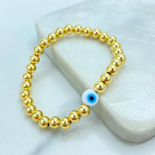 18k Gold Filled Evil Eye Beaded Bracelets, Stretch Protection Bracelets, Two Styles – Small & Medium Beads, Blue Eye Jewelry