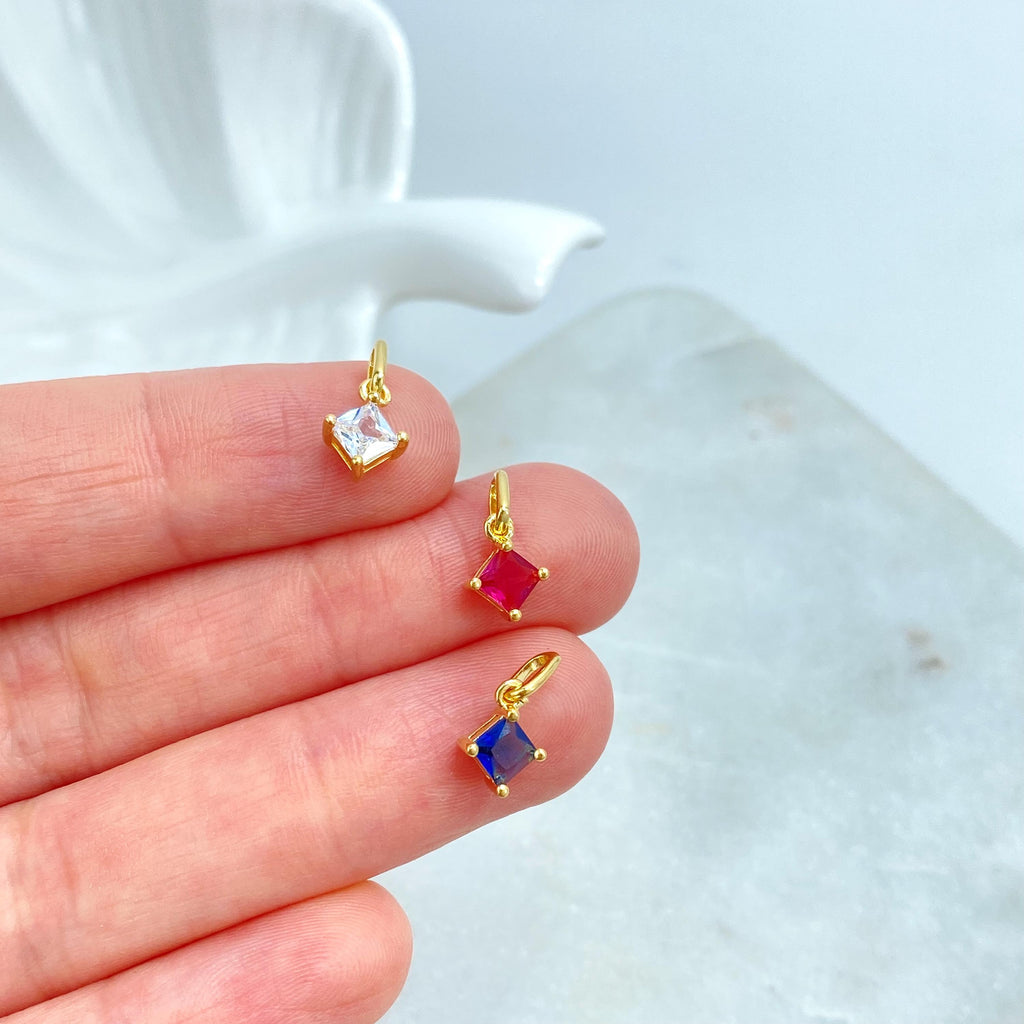 18k Gold Filled Charm, Petite Square CZ Charm in Ruby, Sapphire & Diamond Simulated Stones, CZ Charm, Dainty Jewelry