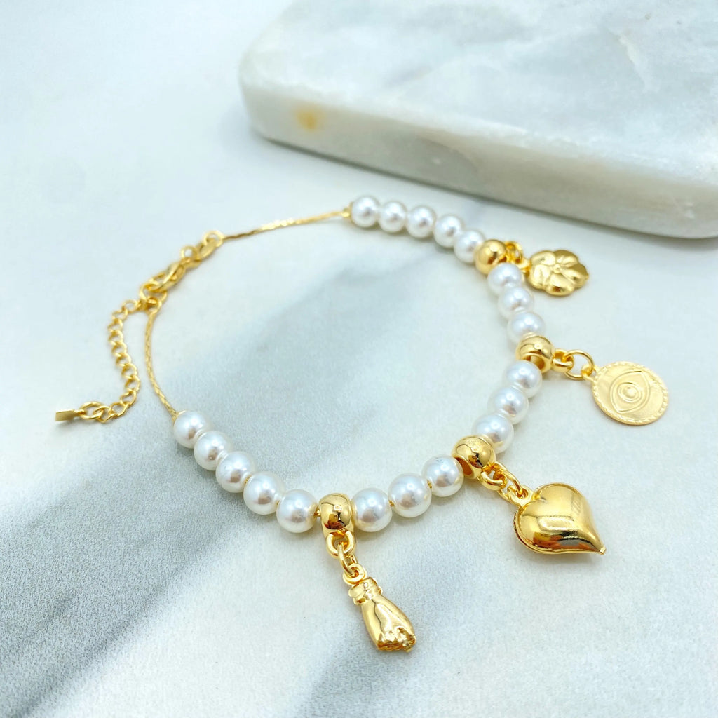 18k Gold Filled Bracelet, Simulated Pearls with Lucky Charms, Protection and Heart Charms, Lucky & Protection Bracelet