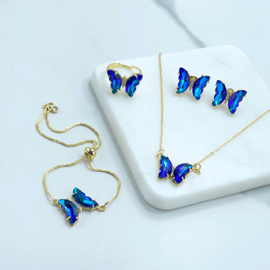 18k Gold Filled Rolo Link Necklace, Blue Butterfly Set