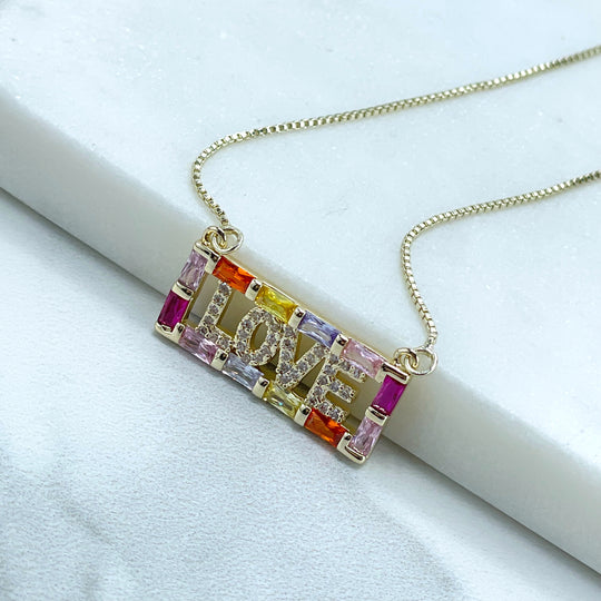 18k Gold Filled Box Chain Colored Zirconia Love Necklace
