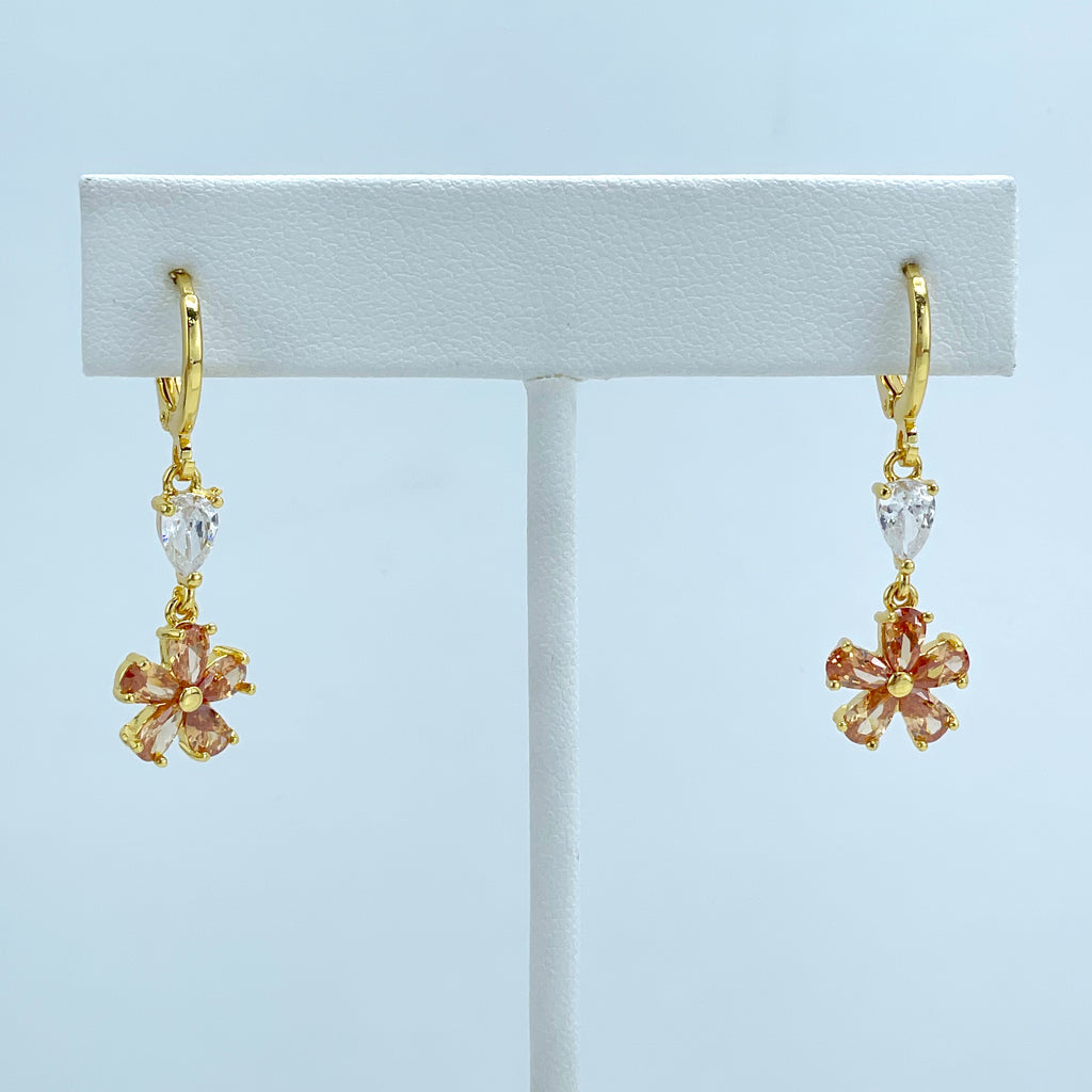 18k Gold Filled White & Amber CZ Flower Design Drop Dangle Earrings