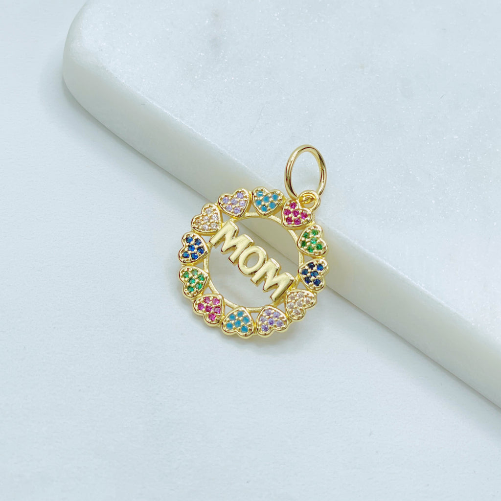 18k Gold Filled Colored CZ Mom Word Pendant