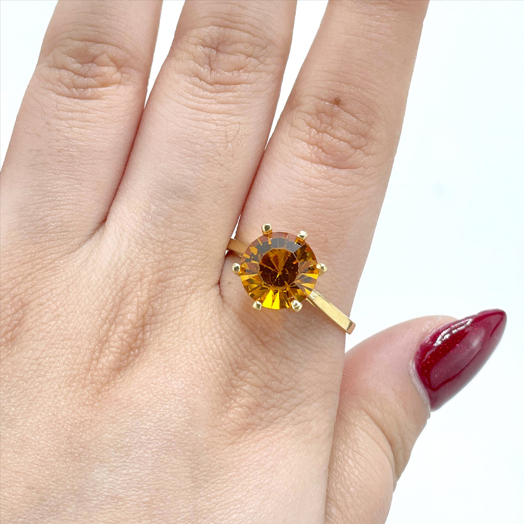 18k Gold Filled Cubic Zirconia Amber Color Solitaire Ring