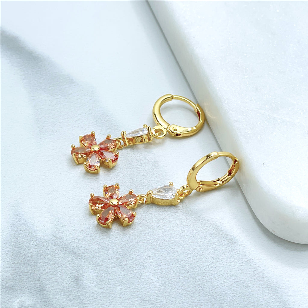 18k Gold Filled White & Amber CZ Flower Design Drop Dangle Earrings