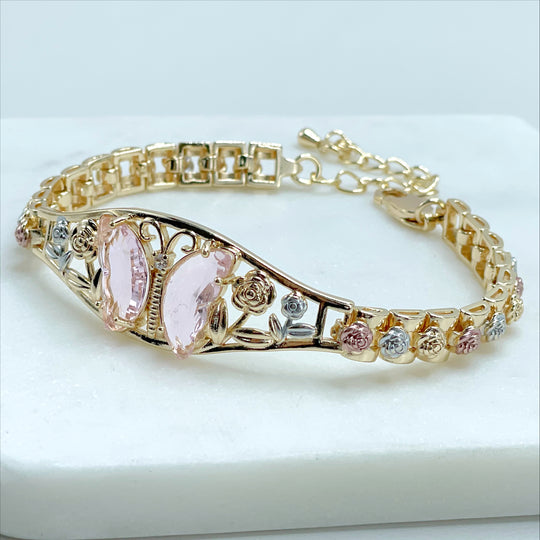 18k Gold Filled Three Tone Rose Flowers,Red, Old Pink, Emerald Green Zircon Butterfly