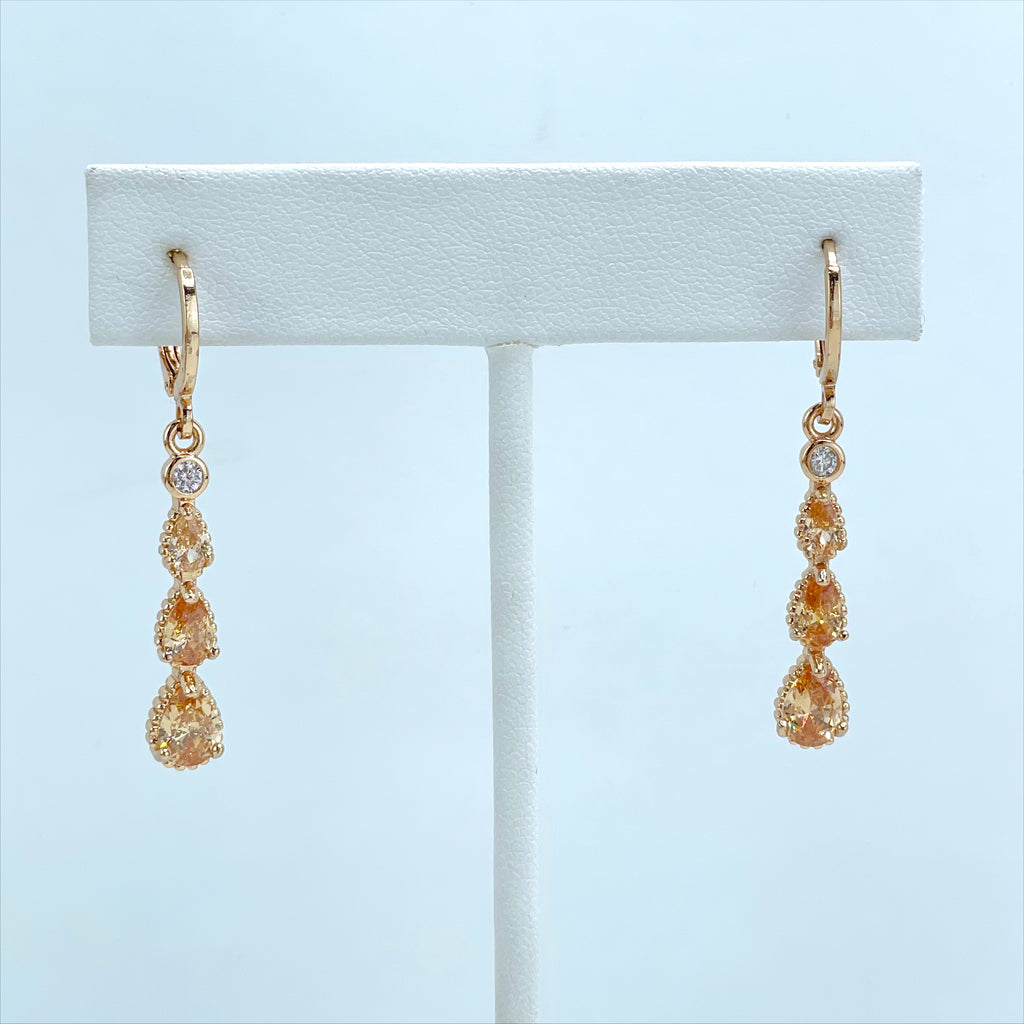 18k Gold Filled White & Amber Cubic Zirconia Drop Dangle Earrings