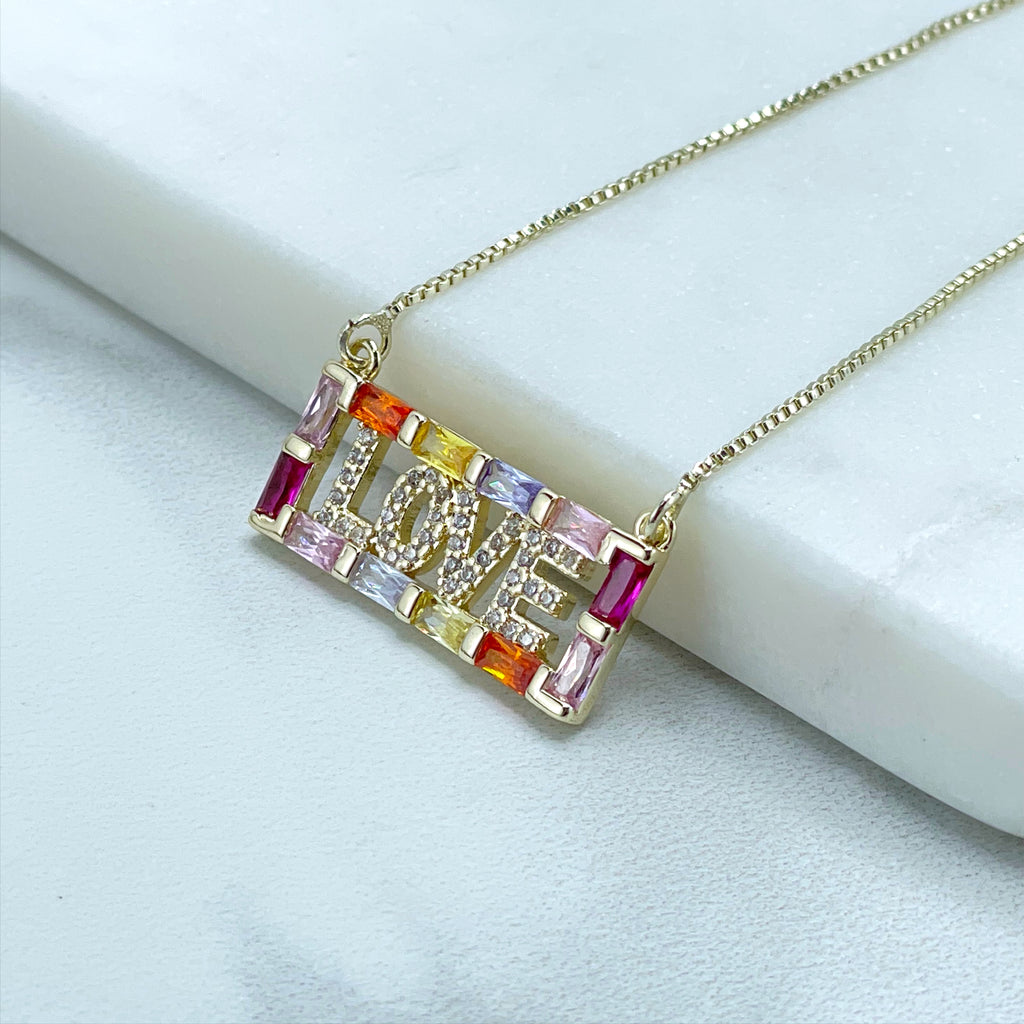 18k Gold Filled Box Chain Colored Zirconia Love Necklace