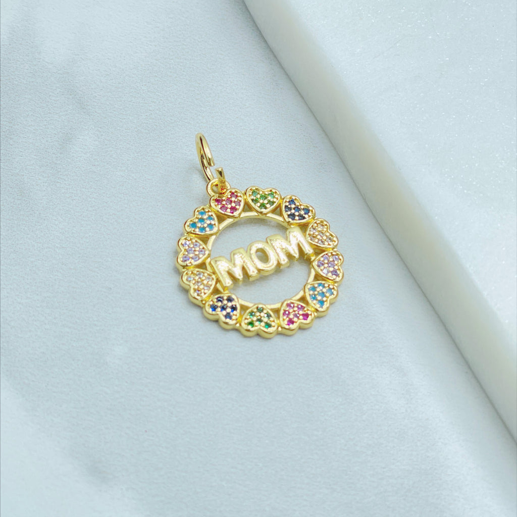 18k Gold Filled Colored CZ Mom Word Pendant