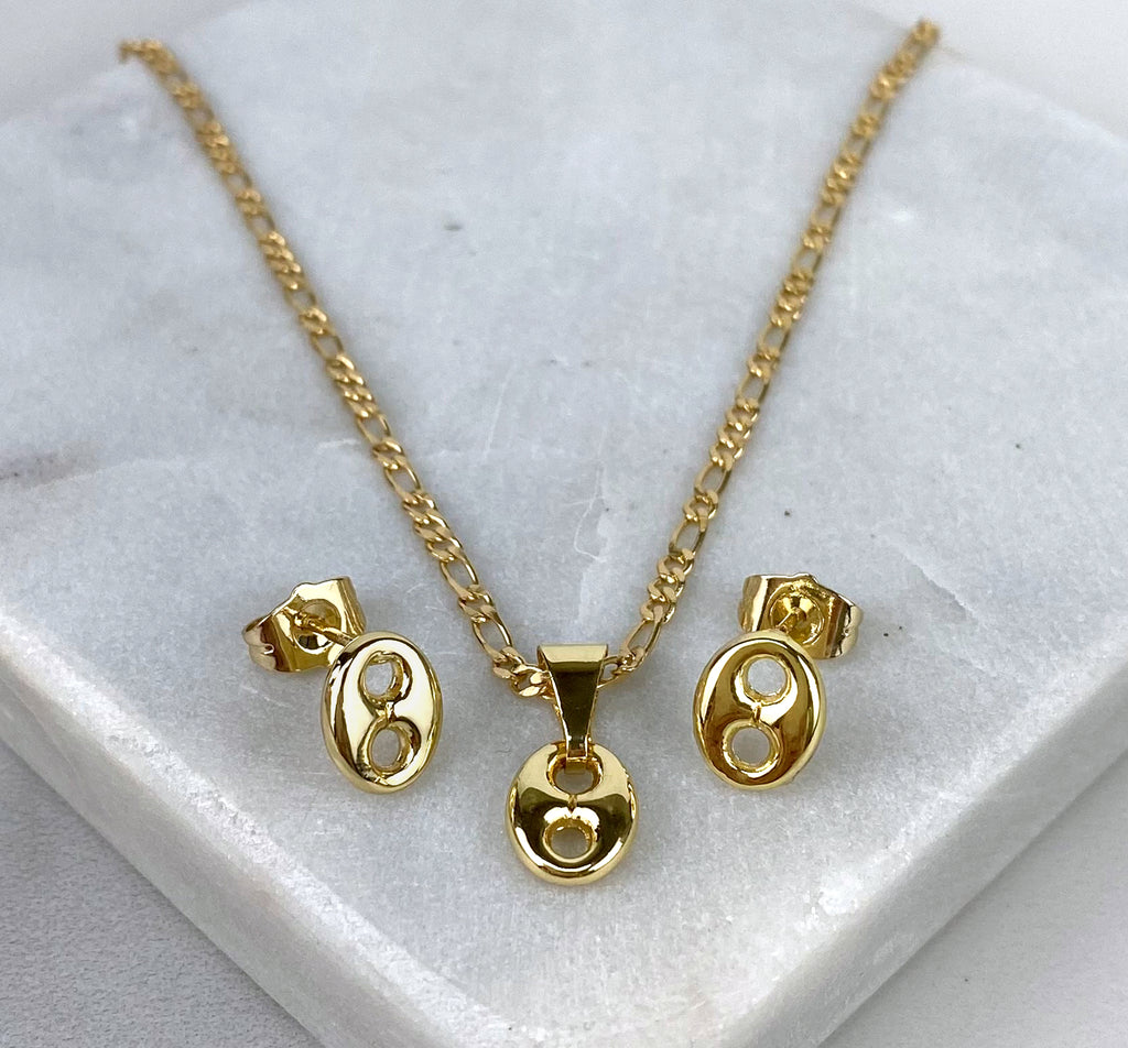 18k Gold Filled Figaro Chain with Mariner Stud and Charms Set