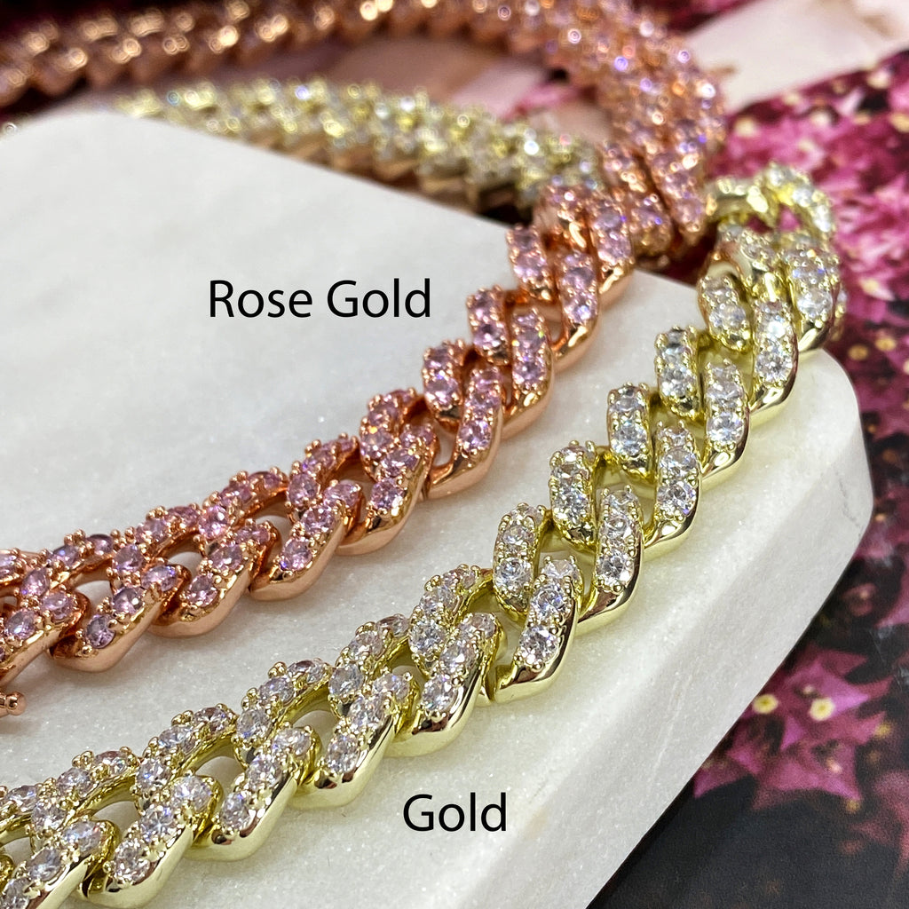 14k Rose Gold Filled Cuban Link Iced Chain or Bracelet Set