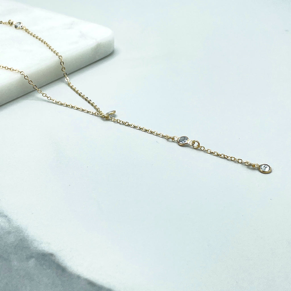 18k Gold Filled 1mm Rolo Chain with Clear Cubic Zirconia Detail and Long Drop Necklace