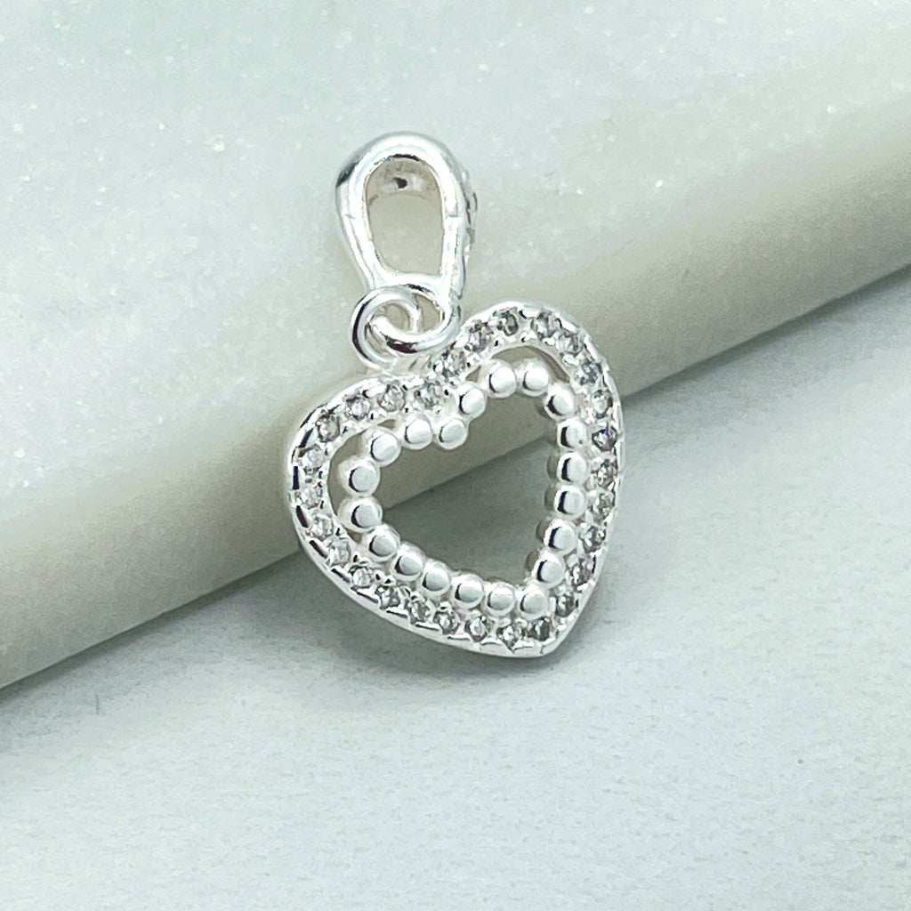 925 Sterling Silver Cubic Zirconia Texturized Cutout Heart Shape Charm