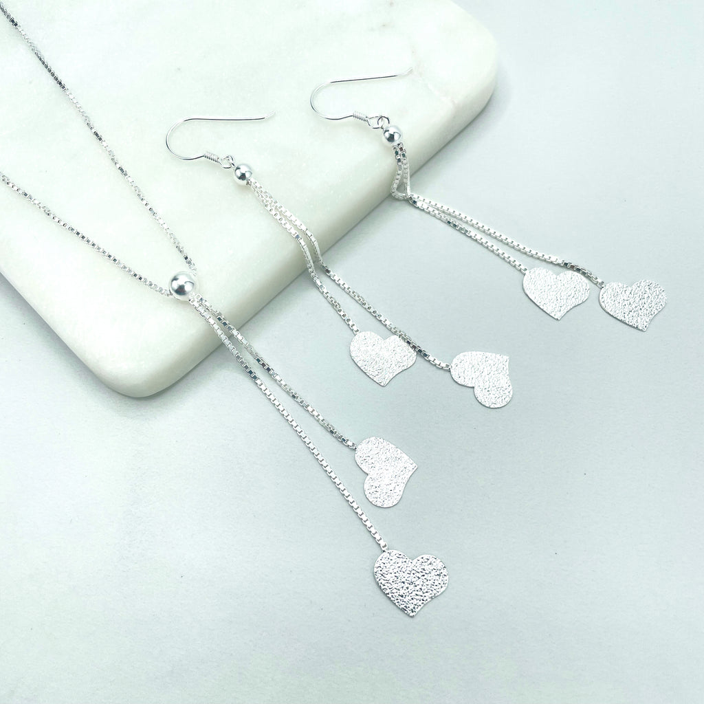 925 Sterling Supplies 1mm Box Chain Hearts Charms Lariat Necklace & Earrings Set