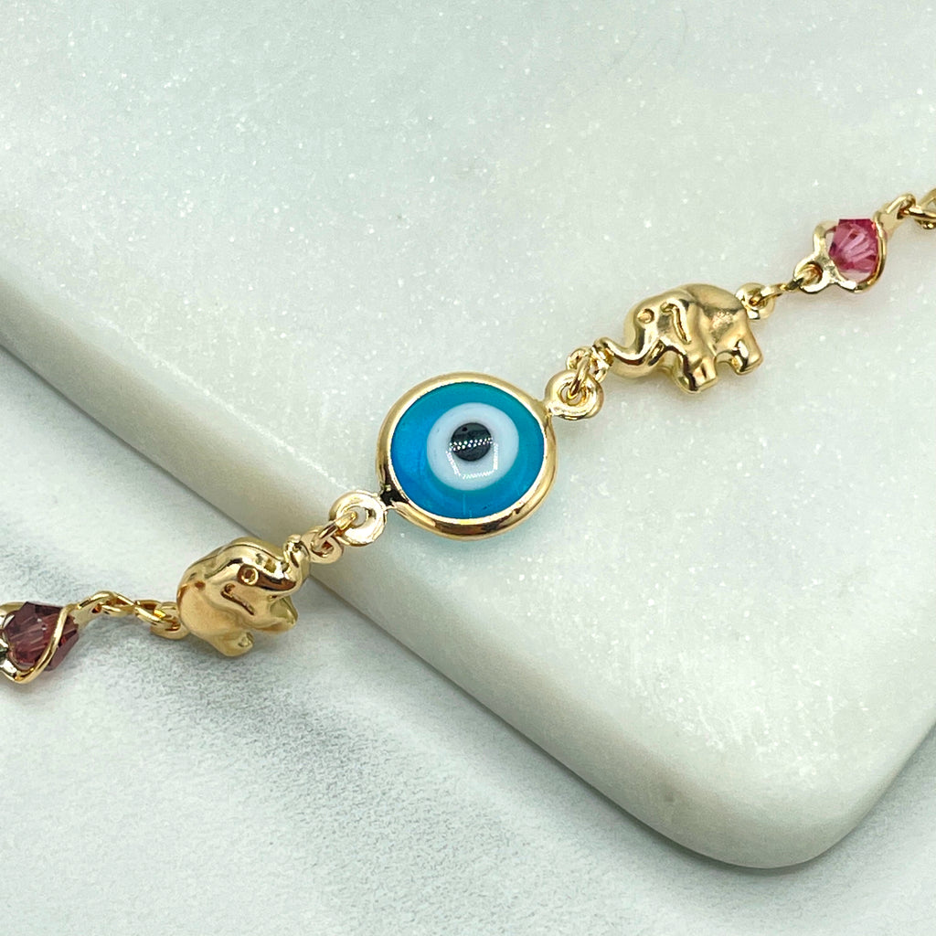 18k Gold Filled Mariner Link Chain with Evil Eye, Elephants Charms and Red Beads Bracelet