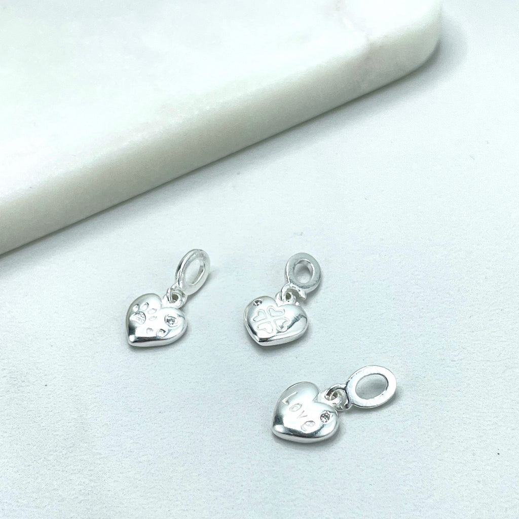 925 Sterling Silver Petite Puffed Heart Shape Charms with Cubic Zirconia
