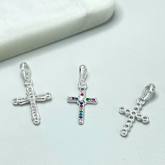 925 Sterling Silver Colored Cubic Zirconia or Clear Cubic Zirconia Cross Shape Charms, 03 Different Styles
