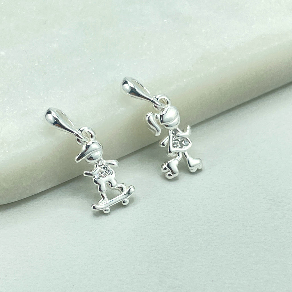 925 Sterling Silver CZ Girl with Rollerblades Charm or CZ Boy with Skateboard Charm